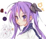  1girl bangs blush color_guide from_side highres hiiragi_kagami long_hair looking_at_viewer looking_to_the_side lucky_star niii portrait puckered_lips purple_eyes purple_hair sailor_collar shirt sidelocks simple_background star_(symbol) twintails white_background white_shirt 