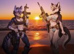  2022 absurd_res anthro beach breasts cleavage clothed clothing duo eyewear female glasses gun hi_res mammal pgm300 ranged_weapon sand sea seaside smile sunset swimwear water weapon 
