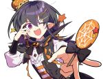  1boy androgynous black_hair candy cherryalpaka food halloween highres lollipop looking_at_viewer lord_of_heroes male_focus nine_(lord_of_heroes) one_eye_closed otoko_no_ko pale_skin pointy_ears pumpkin purple_eyes solo vampire vampire_costume 