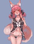  1girl absurdres animal_ear_fluff animal_ears arm_at_side ass_visible_through_thighs black_bow black_panties bow breasts clenched_hand demstouts fate/grand_order fate_(series) fox_ears fox_girl fox_tail frilled_panties frills grey_background groin hair_bow hairband highres looking_at_viewer midriff navel panties pink_hair short_twintails simple_background solo standing tail tamamo_(fate) tamamo_no_mae_(fate/extra) twintails underwear white_bow yellow_eyes 