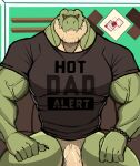  absurd_res anthro big_muscles bottomless clothed clothing darknaigart dinosaur facial_hair genitals green_body hi_res jace_(darknaig) looking_at_viewer male muscular muscular_anthro muscular_male penis reptile scalie shirt solo text text_on_clothing text_on_shirt text_on_topwear theropod topwear tyrannosaurid tyrannosaurus tyrannosaurus_rex 