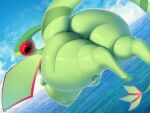  2022 anthro big_breasts big_butt breasts butt colored digital_media_(artwork) female flygon huge_breasts huge_butt looking_at_viewer looking_back nintendo nipples outside overweight overweight_female pok&eacute;mon pok&eacute;mon_(species) solo text thousandfoldfeathers url video_games water wings 