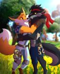  2022 abs absurd_res anthro anthro_on_anthro biped black_body black_fur black_nose bottomwear brown_body brown_fur canid canine canis clothed clothing day digital_drawing_(artwork) digital_media_(artwork) dire_(fortnite) duo embrace epic_games eye_contact fennix_(fortnite) flower fortnite fox fully_clothed fur glistening glistening_eyes gloves grass grey_body grey_fur grey_nose handwear hi_res hug leo-wolf looking_at_another male male/male mammal melee_weapon nunchaku orange_body orange_eyes orange_fur outside pants plant red_eyes romantic romantic_couple sharp_teeth shorts sky smile standing teeth torn_clothing tree video_games weapon were werecanid werecanine werewolf white_body white_fur wolf yellow_sclera 