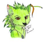  2014 absurd_res azimoert canid canine dog_tags fox green_body green_hair hair headshot hi_res looking_at_viewer male mammal military military_service orange_eyes traditional_media_(artwork) 