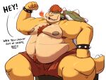  2022 anthro armpit_hair bearafterall belly big_belly body_hair bowser bracelet breath_powers bulge chest_hair claws clothing collar dialogue elemental_manipulation english_text eyebrows fire fire_breathing fire_manipulation flexing hair happy_trail horn jewelry koopa looking_at_viewer love_handles male mario_bros moobs musclegut muscular muscular_anthro muscular_male navel nintendo nipples non-mammal_nipples overweight overweight_anthro overweight_male pubes scalie shell sitting smile solo spiked_bracelet spiked_collar spiked_shell spiked_tail spikes spikes_(anatomy) talking_to_viewer teeth text thick_thighs tongue underwear video_games 
