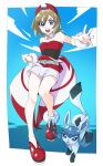  1girl anklet bangs blonde_hair blue_eyes border breasts cleavage collar commentary_request eyelashes glaceon hairband highres irida_(pokemon) jewelry knees looking_at_viewer medium_hair open_mouth pkpokopoko3 pokemon pokemon_(creature) pokemon_(game) pokemon_legends:_arceus red_footwear red_hairband red_shirt sash shirt shoes shorts spread_fingers strapless strapless_shirt teeth tongue upper_teeth waist_cape white_border white_shorts 