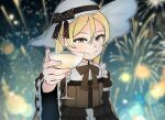  1girl alcohol blonde_hair blue_eyes champagne champagne_flute cjrb1228 cup drinking_glass ellie_quickhand fireworks gothic_lolita great_gatsby hair_between_eyes hat hat_ribbon last_origin lolita_fashion looking_at_viewer meme ribbon smile solo sun_hat twintails 
