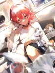  1girl absurdres animal brown_choker cat cat_day choker closed_mouth highres holding holding_animal holding_cat jacket long_sleeves one_eye_closed original red_eyes red_hair shirt short_hair signature sitting smile solo tomochi_(tmc_tmc8) white_jacket white_shirt 