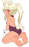  1girl animal_ear_fluff animal_ears ass bare_legs bare_shoulders barefoot blonde_hair blush closed_mouth eyebrows_visible_through_hair from_behind full_body heart heart-shaped_pupils highres leotard long_hair masurao_(sekaiju) masurao_2_(sekaiju) naga_u pink_eyes ponytail profile purple_leotard rabbit_ears rabbit_girl rabbit_tail sekaiju_no_meikyuu sekaiju_no_meikyuu_5 short_eyebrows simple_background smile soles solo strapless strapless_leotard symbol-shaped_pupils tail thick_eyebrows very_long_hair white_background wrist_cuffs 