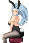  1girl alternate_costume animal_ears ass black_leotard blue_hair blush highres leotard long_hair looking_at_viewer pantyhose playboy_bunny pointy_ears rabbit_ears rabbit_tail ryouko_(tenchi_muyou!) sitting smile solo spiked_hair strapless strapless_leotard tail tenchi_muyou! yellow_eyes ykh1028 