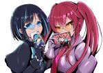  2girls ahoge blue_hair cellphone dual_persona duel_monster eld_pld gloves grin ki-sikil_(yu-gi-oh!) lil-la_(yu-gi-oh!) long_hair multiple_girls necktie phone pink_hair smartphone smile sunglasses tongue tongue_out twintails v white_background wrist_cuffs yu-gi-oh! 