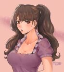  1girl breasts brown_hair charlotte_pudding hidden_eyes highres huge_breasts lipstick long_hair looking_at_viewer makeup one_piece senasky short_sleeves solo wavy_hair 