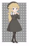  1girl alternate_costume beret black_coat black_footwear black_headwear blonde_hair border chocomiru coat earrings hat high_heels jewelry looking_at_viewer mario_(series) pantyhose polka_dot polka_dot_background princess_peach solo standing super_mario_odyssey 