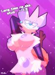  &lt;3 2022 5_fingers absurd_res anthro armwear bedroom_eyes big_breasts big_nipples blue_nose braixen breasts claws clothing dialogue english_text eyewear female finger_claws fingers front_view fur glasses half-closed_eyes hand_on_hip hi_res inner_ear_fluff latex_armwear looking_at_viewer markings narrowed_eyes nintendo nipples open_mouth pattern_background pok&eacute;mon pok&eacute;mon_(species) pupils purple_armwear purple_background purple_body purple_clothing purple_fur purple_inner_ear purple_markings purple_nipples purple_pupils red_body red_fur seductive simple_background skweekers smile solo stick striped_background talking_to_viewer text tuft video_games watame_(skweekers) white_claws white_markings 