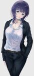  1girl absurdres asaka_karin bangs belt black_hair black_pants black_suit blue_eyes breast_pocket breasts collarbone collared_shirt formal hand_in_pocket highres jacket large_breasts looking_at_viewer love_live! love_live!_nijigasaki_high_school_idol_club medium_breasts nanao_(m44132yf) open_clothes open_jacket pants pocket shirt simple_background smile solo suit suit_jacket white_shirt 