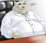  2022 anthro belly blush canid canine chair facial_hair furniture humanoid_hands kemono male mammal mature_male mustache overweight overweight_male sitting solo toshi_(artist) 