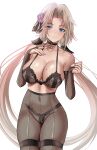  1girl absurdres alternate_costume arm_up azur_lane bare_shoulders black_bra black_choker black_legwear black_panties blonde_hair blue_eyes blush bra breasts bukowiski choker cleavage closed_mouth collarbone covered_navel elbow_gloves eyebrows_visible_through_hair feet_out_of_frame fishnet_gloves fishnets flower gloves hair_flower hair_ornament hair_ribbon hand_on_own_chest highres kronshtadt_(azur_lane) large_breasts long_hair looking_at_viewer low_twintails mole mole_on_breast nail_polish panties panties_under_pantyhose pantyhose partially_fingerless_gloves pink_nails ribbon smile solo standing twintails underwear very_long_hair white_background 