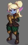  3_fingers armor big_breasts blonde_hair blue_body breasts clothed clothing cranihum cute_fangs female fingers fully_clothed hair hi_res humanoid humanoid_pointy_ears league_of_legends padded_armor pigtails pink_ears pink_eyes poppy_(lol) riot_games short_stack smile solo thick_thighs tight_fit video_games wide_hips yordle 