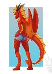  absurd_res anthro big_tail bottomwear breasts butt clothing cutoffs daisy_dukes denim denim_clothing dragon female hi_res horn hotpants neonpeppermint shorts side_boob slim solo wings 