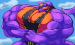  abs anthro biceps big_muscles claws clothing dragon fish flexing garchomp grin hi_res hoodie huge_muscles hybrid hyper hyper_muscles male marine muscular muscular_anthro muscular_male nintendo pecs pok&eacute;mon pok&eacute;mon_(species) purple_body shark smile solo teeth topwear unusualboo54 video_games yellow_eyes 