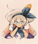  1boy 1girl ahoge allister_(pokemon) bangs bea_(pokemon) black_hair black_hairband black_shirt blonde_hair bow_hairband bright_pupils commentary_request gloves hair_between_eyes hairband head_rest knee_pads long_sleeves lying on_person on_stomach partially_fingerless_gloves pokemon pokemon_(game) pokemon_swsh purple_eyes shiro_(46isou) shirt short_hair short_sleeves single_glove 