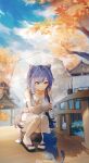  1girl absurdres bare_shoulders blue_sky braid cat cloud cloudy_sky day double_bun dress feet full_body genshin_impact highres holding holding_umbrella keqing_(genshin_impact) outdoors purple_eyes purple_hair sandals sky sleeveless sleeveless_dress smile solo squatting swkl:d toeless_legwear tree twintails umbrella white_dress 