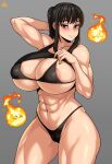  1girl abs absurdres areola_slip areolae arm_behind_head arm_up artist_name bare_shoulders bikini black_bikini black_tank_top breasts cameltoe closed_mouth clothes_lift collarbone commentary en&#039;en_no_shouboutai eyebrows_visible_through_hair eyelashes fire grey_background groin highleg highleg_bikini highres huge_breasts jmg looking_at_viewer maki_oze muscular muscular_female navel ponytail purple_eyes shirt_lift simple_background swimsuit tank_top thick_thighs thighs underboob 