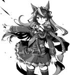  1girl animal_ears bangs belt breasts cape closed_mouth coat cowboy_shot epaulettes gloves greyscale highres horse_ears horse_girl horse_tail jabot long_hair long_sleeves looking_at_viewer medium_breasts monochrome nanaheibei_3 outstretched_arms petticoat single_epaulette smile solo symboli_rudolf_(umamusume) tail thighhighs umamusume 