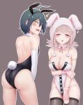  1boy 1girl 2022 :o absurdres animal_ears animal_hood ass bangs bare_legs bare_shoulders black_leotard blush breasts brown_gloves brown_legwear bunny_hood commentary crossdressing danganronpa_(series) danganronpa_2:_goodbye_despair danganronpa_v3:_killing_harmony detached_collar detached_sleeves fake_animal_ears fake_tail from_behind galaga gloves gon_(congchuabuoito) groin hair_ornament highres hood large_breasts leotard looking_at_viewer looking_back nanami_chiaki neck_ribbon official_alternate_costume one_eye_closed otoko_no_ko outline pink_background pink_ribbon playboy_bunny rabbit_ears ribbon saihara_shuuichi skindentation sleepy tail thighhighs two-tone_leotard white_leotard white_outline white_sleeves 