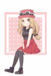  1girl black_legwear blonde_hair border chocomiru eyewear_on_head hat long_hair looking_at_viewer pokemon pokemon_(game) pokemon_xy red_skirt serena_(pokemon) shirt sitting skirt sleeveless sleeveless_shirt smile solo sunglasses 