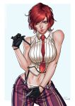  1girl bangs bare_arms bare_shoulders breasts commission eyebrows_visible_through_hair gloves highres large_breasts looking_at_viewer necktie pants pinstripe_pants pinstripe_pattern red_eyes red_hair sleeveless snk solo striped superbull164164 suspenders the_king_of_fighters the_king_of_fighters_xv vanessa_(kof) 