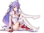  1girl absurdres azur_lane bangs breasts bukowiski closed_mouth covered_navel eyebrows_visible_through_hair full_body hair_ribbon hand_on_floor highres japanese_clothes kimono leg_up long_hair looking_at_viewer nail_polish no_shoes on_floor purple_eyes purple_hair ribbon sitting small_breasts smile soles solo thighhighs unicorn_(azur_lane) unicorn_(the_gift_of_spring)_(azur_lane) white_background white_kimono white_legwear 