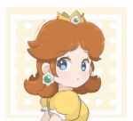  1girl blue_eyes border brown_hair chocomiru crown dress earrings jewelry looking_at_viewer lowres mario_(series) polka_dot polka_dot_background princess_daisy short_hair solo upper_body yellow_dress 