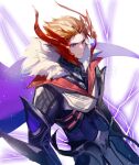  0jae 1boy absurdres armor blue_eyes cape closed_mouth electricity genshin_impact highres looking_at_viewer male_focus mask orange_hair red_mask serious simple_background solo spiked_hair tartaglia_(genshin_impact) upper_body v-shaped_eyebrows watermark white_background 