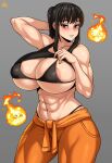  1girl abs absurdres areola_slip areolae arm_behind_head arm_up artist_name bare_shoulders bikini black_bikini black_tank_top breasts clothes_around_waist clothes_lift collarbone commentary en&#039;en_no_shouboutai eyebrows_visible_through_hair eyelashes fire grey_background highres huge_breasts jacket jacket_around_waist jmg looking_at_viewer maki_oze muscular muscular_female navel orange_jacket orange_pants pants parted_lips ponytail purple_eyes seductive_smile shirt_lift simple_background smile swimsuit tank_top thick_thighs thighs underboob 