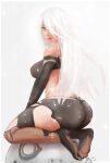  1girl ass asymmetrical_legwear black_gloves black_legwear black_panties blue_eyes breasts crab elbow_gloves emil_(nier) eyebrows french_flag gloves highres joints large_breasts long_hair looking_back mascot mismatched_legwear nier_(series) nier_automata panties robot_joints shadow short_shorts shorts sideboob silver_hair smile solo stormyorha thighhighs thighs thong toeless_legwear underwear white_background white_hair yorha_type_a_no._2 