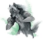  5_fingers anthro black_nose brown_eyes canid canine canis chain cuff_(restraint) dirge_(rifterdask) fingers fist fur grey_body grey_fur grey_tail hair male mammal metal_cuffs restraints smile solo tathi white_hair wolf 