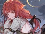  1boy androgynous braid crescent crescent_moon kuzuvine laphlaes_selkena long_braid long_hair looking_at_viewer lord_of_heroes moon night night_sky pale_skin red_hair sky yellow_eyes 