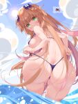  after_sex ass bikini blue_bikini blue_bow blue_sky bow breasts brown_hair censored cloud cum cum_in_ass day from_behind green_eyes hair_bow highres indie_virtual_youtuber large_breasts long_hair looking_at_viewer looking_back mochicomame mosaic_censoring sideboob sky swimsuit virtual_youtuber waterring 