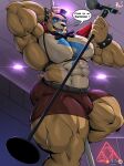  2022 abs absurd_res anthro belt biceps big_muscles biped blue_eyes bodypaint bottomwear bow_tie brown_body brown_fur bulge clothed clothing dialogue digital_media_(artwork) ear_piercing ear_ring english_text eyebrows face_paint five_nights_at_freddy&#039;s five_nights_at_freddy&#039;s:_security_breach fur glamrock_freddy_(fnaf) harness hat headgear headwear hi_res huge_muscles huge_thighs hyper hyper_muscles hyper_thighs inside male mammal masterelrest microphone muscular muscular_anthro muscular_male muscular_thighs navel open_mouth open_smile pecs piercing pinup pole pose quads scottgames shorts shoulder_pads smile solo stripper_pole tan_body tan_fur teeth text thick_thighs tongue top_hat topless ursid video_games 