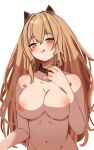  1girl :q absurdres animal_collar animal_ears arknights binware blush breasts brown_collar ceobe_(arknights) collar collarbone dog_ears eyebrows_visible_through_hair groin hair_between_eyes hand_up highres large_breasts licking_lips long_hair looking_at_viewer navel nipples nude red_eyes simple_background sketch solo tongue tongue_out upper_body very_long_hair white_background 