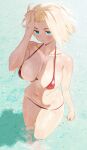  1girl bare_arms bare_shoulders bikini blonde_hair blue_eyes breasts breasts_apart collarbone commission day english_commentary hand_on_own_head highres large_breasts looking_at_viewer micro_bikini navel original outdoors red_bikini ryusei_hashida short_hair solo standing swimsuit wading water wet 