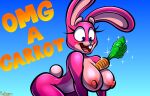  anthro between_breasts big_breasts blue_background breasts buckteeth carrot female food hi_res lagomorph leporid mammal nude pink_body plant protagon rabbit simple_background solo teeth vegetable 