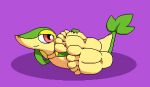  5_toes ambiguous_gender anthro barefoot feet foot_focus green_body humanoid_feet leaf_tail lying marblepan nintendo on_side pok&eacute;mon pok&eacute;mon_(species) red_eyes simple_background smile snivy soles solo toes video_games yellow_body 