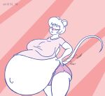  2019 anthro belly big_belly big_breasts blush bottomwear breasts butt clothing digital_media_(artwork) female hair hand_on_back huge_breasts hyper hyper_belly hyper_pregnancy mammal mouse murid murine navel one_eye_closed outie_navel pregnant rodent satsumalord shirt shorts sketch solo sound_effects stretching tanya_(satsumalord) thick_thighs topwear 