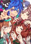  4girls adjusting_eyewear animal_ears bangs blue_eyes blush brown_hair cabbie_hat claw_pose closed_mouth coat crossed_bangs ears_down ears_through_headwear glasses green_coat half-closed_eyes hat heterochromia highres horse_ears ikuno_dictus_(umamusume) looking_at_viewer matikane_tannhauser_(umamusume) multicolored_hair multiple_girls nanashi11 nice_nature_(umamusume) open_mouth purple_eyes ringed_eyes round_eyewear sharp_teeth smile streaked_hair sweatdrop teeth twin_turbo_(umamusume) twintails umamusume upper_teeth yellow_eyes 