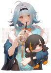  1girl aqua_kimono bangs black_eyepatch black_eyes black_hair black_hairband black_legwear blue_hair blue_robe blush bow bowtie braid chibi cropped_legs cup doll eyebrows_visible_through_hair eyepatch fur-trimmed_robe girls&#039;_frontline hairband highres holding holding_cup holding_doll japanese_clothes kimono long_hair looking_at_viewer m16a1_(girls&#039;_frontline) mole mole_under_eye multicolored_hair nail_polish open_mouth orange_bow orange_bowtie orange_eyes pantyhose pink_nails rabb_horn short_hair simple_background single_braid smile solo standing t91_(girls&#039;_frontline) t91_(snowy_plum_blossom)_(girls&#039;_frontline) teeth 