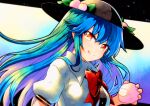  blouse blue_hair bow buttons frills highres hinanawi_tenshi long_hair neck_ribbon puffy_short_sleeves puffy_sleeves qqqrinkappp red_bow red_eyes ribbon shirt short_sleeves touhou traditional_media white_blouse white_shirt 