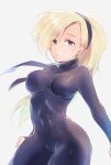  1girl 83 blonde_hair blue_eyes bodysuit breasts covered_navel groin hairband highres kunoichi_(live_a_live) live_a_live long_hair looking_at_viewer simple_background skin_tight solo very_long_hair white_background 