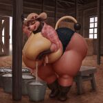  1:1 anthro areola belly bent_over big_breasts big_butt bodily_fluids boots bottomwear bovid bovine breast_grab breast_milking breasts butt clothed clothing cowboy_hat cutoffs denim denim_clothing detailed_background female footwear hand_on_breast hat headgear headwear hi_res huge_breasts huge_butt huge_hips lactating mammal milk miltank nintendo nipples obese overweight overweight_anthro overweight_female patacon pink_areola pink_nipples pok&eacute;mon pok&eacute;mon_(species) shorts solo thick_thighs video_games wide_hips 